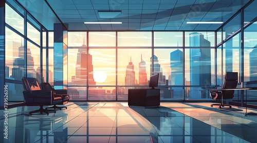 Modern cosy empty business office with panoramic windows. Digital illustration. Concept of contemporary architecture, corporate spaces, and business environments.