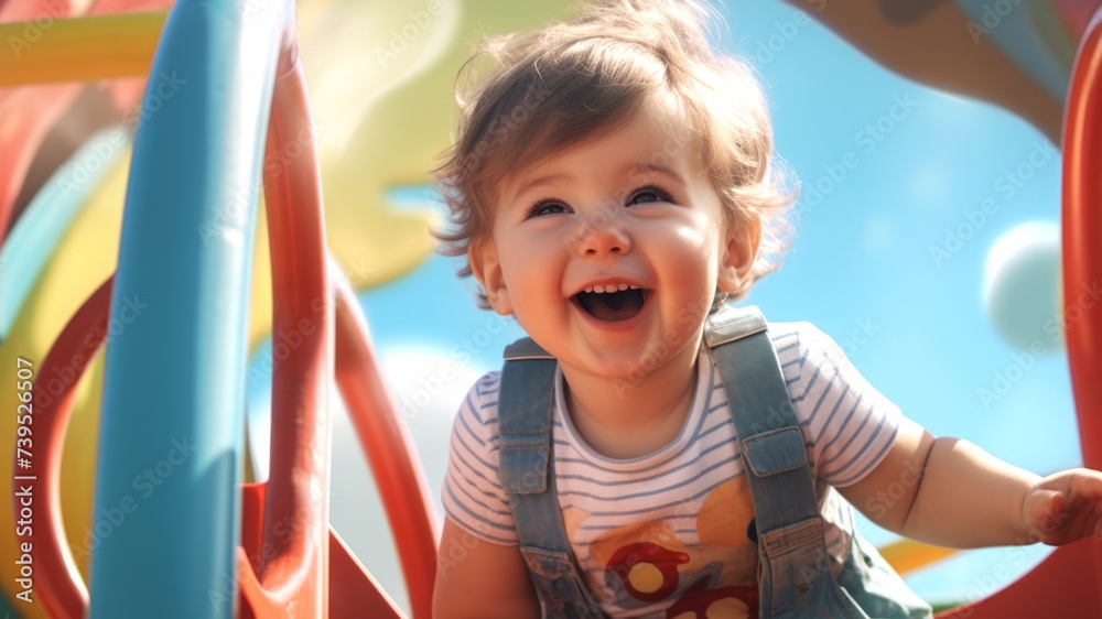 Happy little kid boy plays at the playground. Concept of childhood joy, outdoor activities, summertime, happiness, and fun Happy little kid boy plays at the playground. Concept of childhood joy, outdoor activities, summertime, happiness, and fun