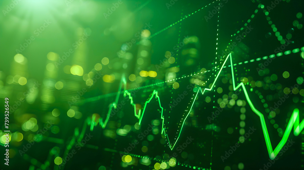Fototapeta premium Glowing green stock chart, finance, investment, and success