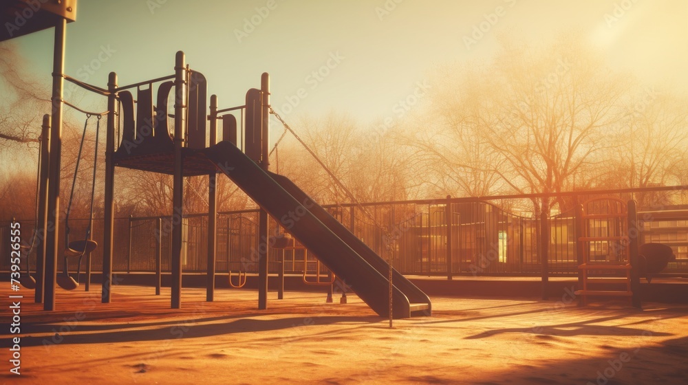 Fototapeta premium Sunlit slide in an empty playground. Concept of tranquil outdoor scenes, childhood nostalgia, and community areas.
