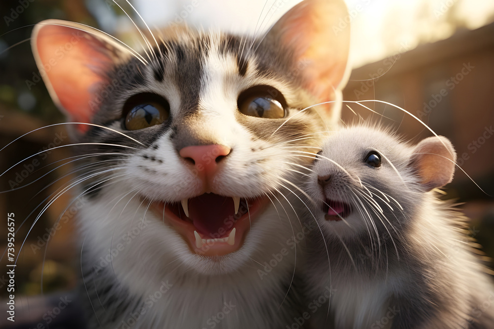 Selfie of Happy mouse and cat together - Ai generated