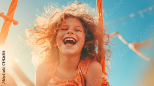 Happy kid girl laughing on a swing on a warm sunny day on a playground. Concept of carefree play, happy childhood, summer fun, outdoor activities.