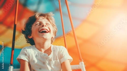 Joyful kid boy laughing on a swing with a colorful backdrop. Concept of carefree play, happy childhood, summer fun, and outdoor activities. Copy space