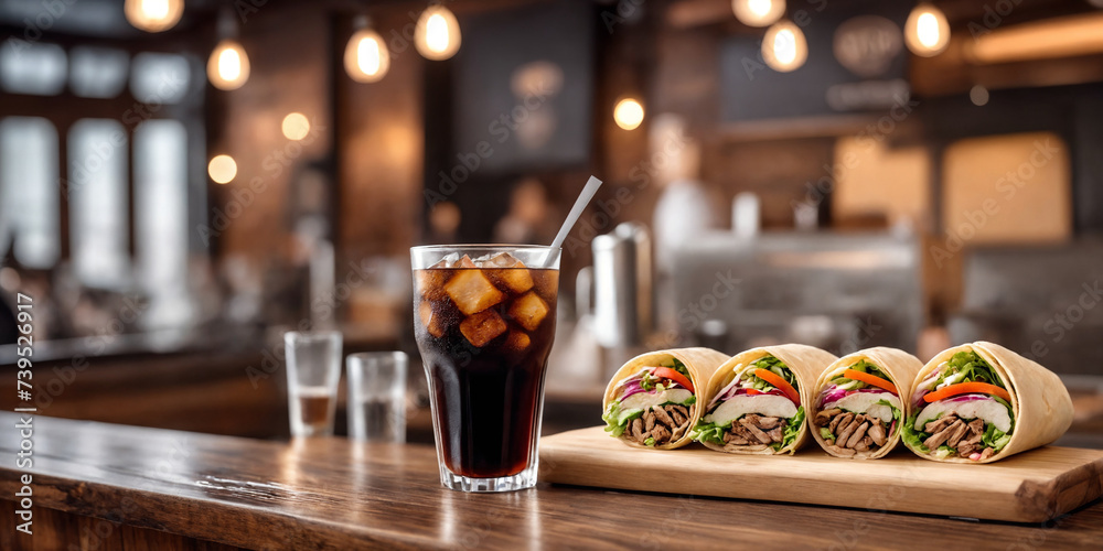 Fresh doner kebab or shawarma and glass of cola drink on restaurant background. Generative Ai	
