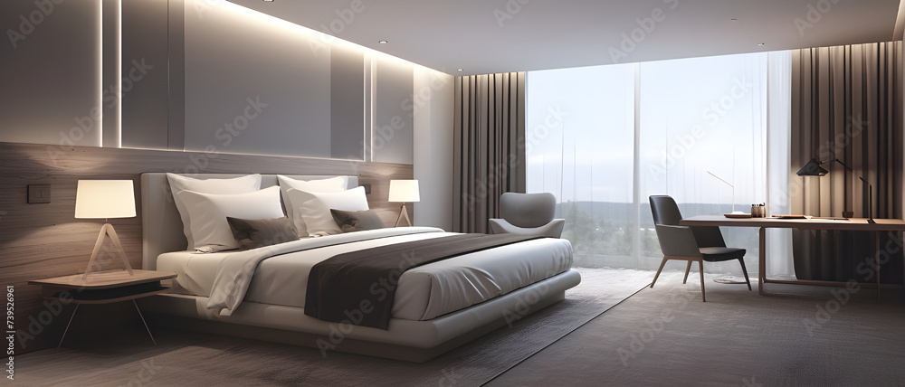 Fototapeta premium Room interior of modern hotel bedroom - Ai generated