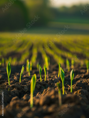 Small sprouts arise in an agricultural field. Concept of regenerative agriculture for soil fertility, removal of carbon dioxide from atmosphere and effective consumption of water resources.