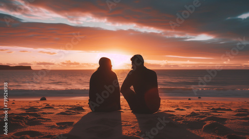 Couple sitting on the beach at sunset time, romantic, ai generative