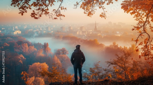 Man looking at the city on an early, foggy, autumn morning --ar 16:9 --v 6 Job ID: c6b9c0e7-0e33-461d-800c-96d82ebf8ec0