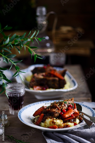 red wine cranberry braised short ribs.selective focus.style rustic.