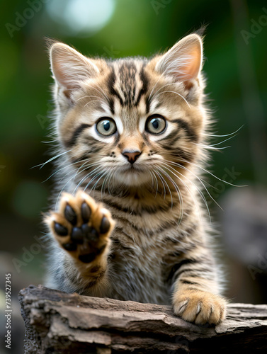 An interesting little kitten with a raised paw in a friendly greeting © Iryna