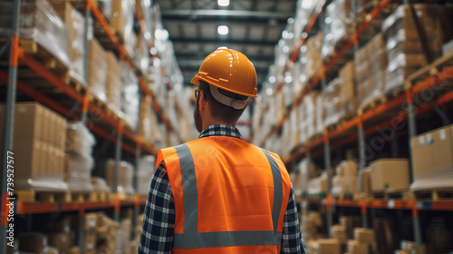 Man in bright safety vest and helmet looking at a full warehouse. Taking inventory of pallets or items.