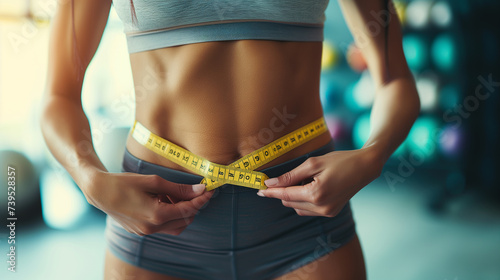 Young woman measuring her belly abs with yellow measuring tape. photo