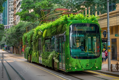 A city bus embellished with lush green plants cruises the streets, showcasing an innovative blend of public transportation and green living to reduce carbon footprint.