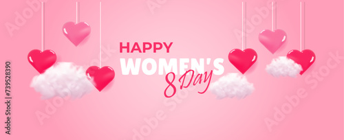 Happy Women's day poster or voucher. Background for sale with realistic cloud and heart. 8 March day store discount promotion. Vector illustration