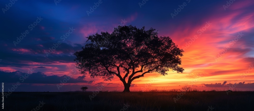 Solitary tree standing tall in the center of a vast field under the clear blue sky Solitary tree standing tall in the center of a vast field under the clear blue sky