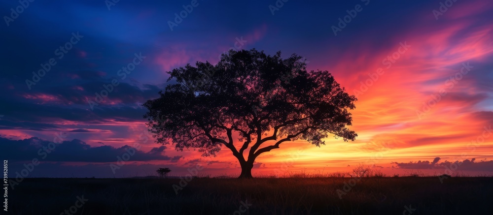 Solitary tree standing tall in the center of a vast field under the clear blue sky