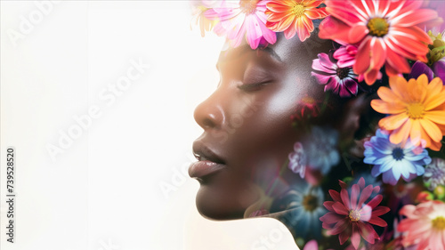 African American girl with closed eyes and double exposure on flowers on her head. A model girl has bright flowers instead of hair. Concept of beauty and purity. A peaceful girl on a white background.