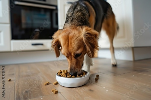 Cute Dog Eating Dry Food from White Bowl in Kitchen