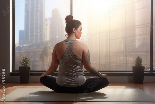 A woman practices yoga in a peaceful room with a large window overlooking the city, illustrating a serene escape within an urban environment. 