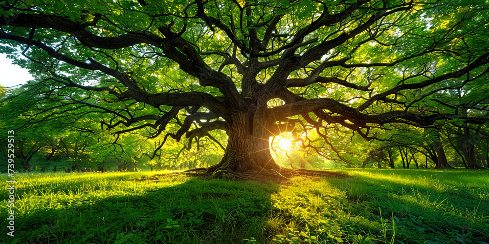 Fototapeta premium An amazing oak, with long branches, like hands extended to the