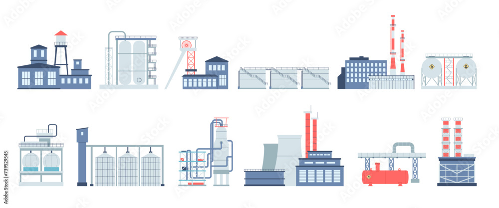 Industrial factories and storages. Gas, oil petroleum storage. Isolated manufactures buildings and complex, flat recent industry vector elements