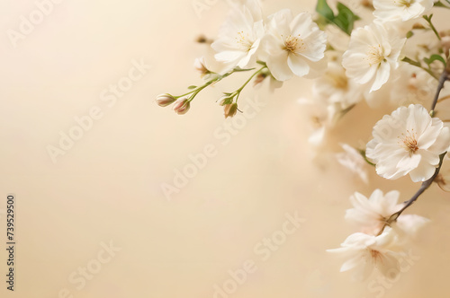 Background with blooming apple trees on a light peach background. A place for text, a layout for postcards. © Kristina K