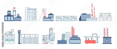 Industrial factories and storages. Gas, oil petroleum storage. Isolated manufactures buildings and complex, flat recent industry vector elements