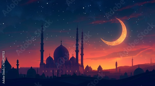Silhouette of a mosque with Crescent Moon. Ramadan Kareem background. --ar 16:9 --v 6 Job ID: 08f267ff-ccbd-4fe9-ad08-02fad51c962a