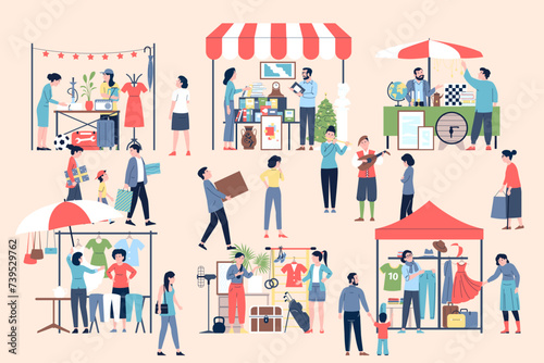 Second hand store outdoor. Spring flea market, people buy used tools, goods, furniture and clothes. Neighborhood garage sale, recent vector scene