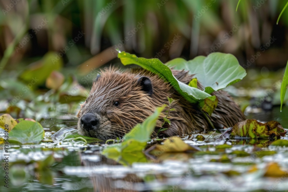 A close-up of a beaver swimming in a pond, surrounded by lush greenery and aquatic plants. A close-up of a beaver swimming in a pond, surrounded by lush greenery and aquatic plants.