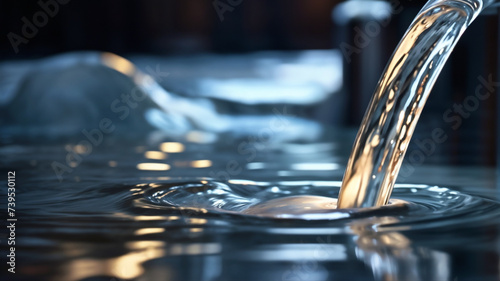 Stream of water pouring and creating ripples on a serene, reflective surface with a dark background.