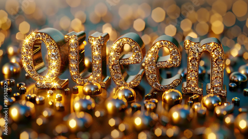 3D illustration of the word Queen made of golden beads