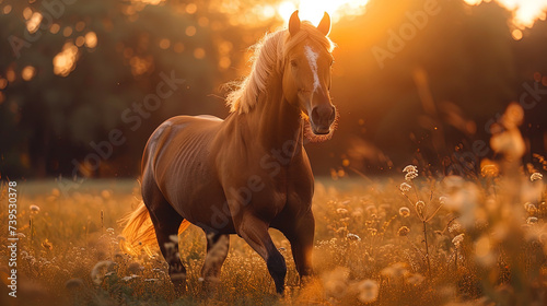 A graceful horse shining in the rays of the morning sun, like a picturesque pictur photo