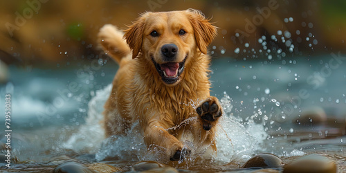 A golden labrador running along the river bank and funny jumping over stones, like a climber flyin © JVLMediaUHD