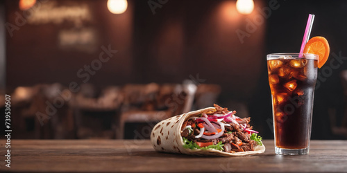 Fresh doner kebab or shawarma and glass of cola drink on restaurant background. Generative Ai	
 photo
