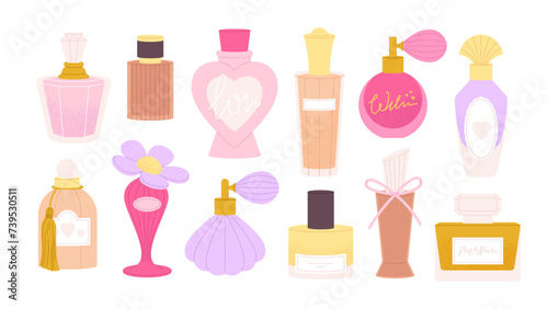 Cartoon fashion perfume bottles. Decorative fragrance bottle, female stylish essences. Luxury and elegance cosmetics, racy vector perfumes set