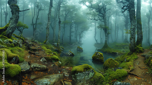 A mystical forest  shrouded in fog  like the mysterious kingdom of ghosts and fair