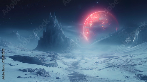 A planet with eternal ice and crystal mountains, like a frozen fairy tale in s