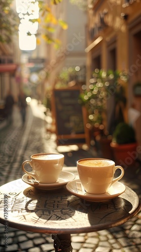 Street cafe in Europe. Two cups of coffee on vintage table. Created with Generative AI © Yevhen