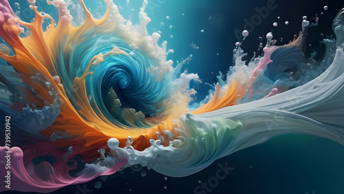 Bright abstract background. A multicolored stream with bubbles and splashes. Multicolored liquid.