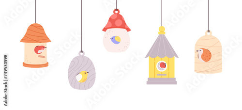 Cute birds in birdhouses. Colorful wooden birdhouse. Springtime or summer banner template. Garden or park, decorative bird home, vector background