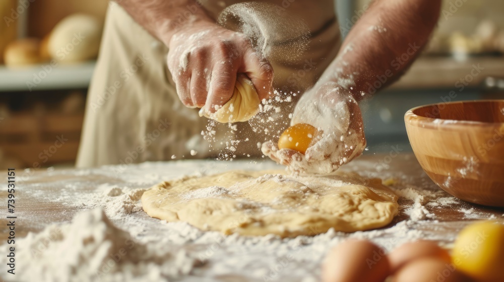 The process of preparing dough in the kitchen. The cook kneads the dough from wheat flour. Cook's hands. Water and flour on a wooden table. Bakery or pizza baking. 