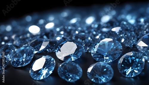 Shiny diamonds brilliants gemstones on dark background. Blue Diamonds crystal jewel light reflect texture background. photo