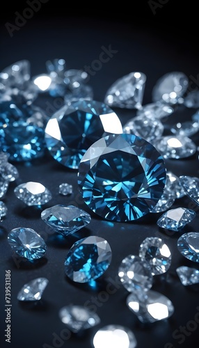 Shiny diamonds brilliants gemstones on dark background. Blue Diamonds crystal jewel light reflect texture background.