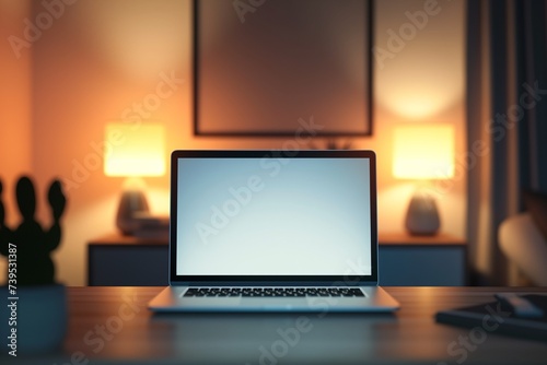 Minimalist Desk Scenario Laptop Ready for Screen Mockup. laptop on table in the office