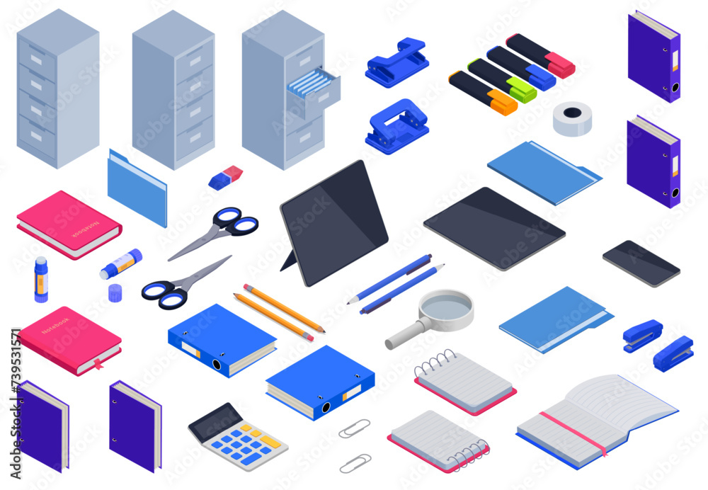 Isolated office equipment. Isometric notebook and stationery, cabinet for paper, folders. Digital gadgets, bullet journal and books, pithy vector set