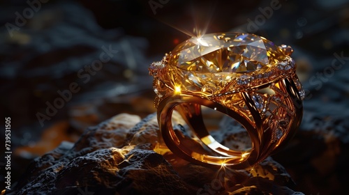 Big golden ring and white gem stone or adamant diamond lit with lamp light on blue background photo