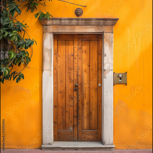 Traditional Wooden Door on Vibrant Yellow Wall