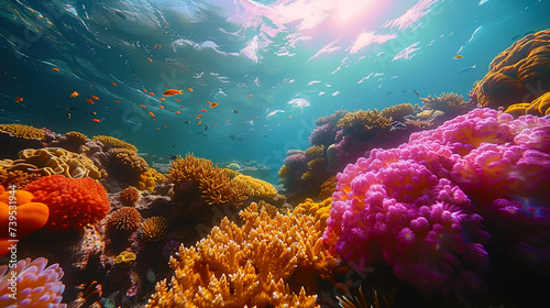 Colorful coral reefs, inhabited by various marine inhabitants, like an underwater city of miracle