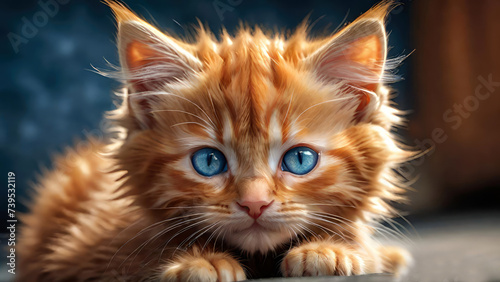 Cute ginger Maine Coon kitten with blue eyes on blue background.Cat breeds,Love for pets concept.
Generative AI